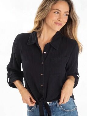 Natural Life Black Lola Cotton Gauze Tie Button Down Shirt Top Size Large